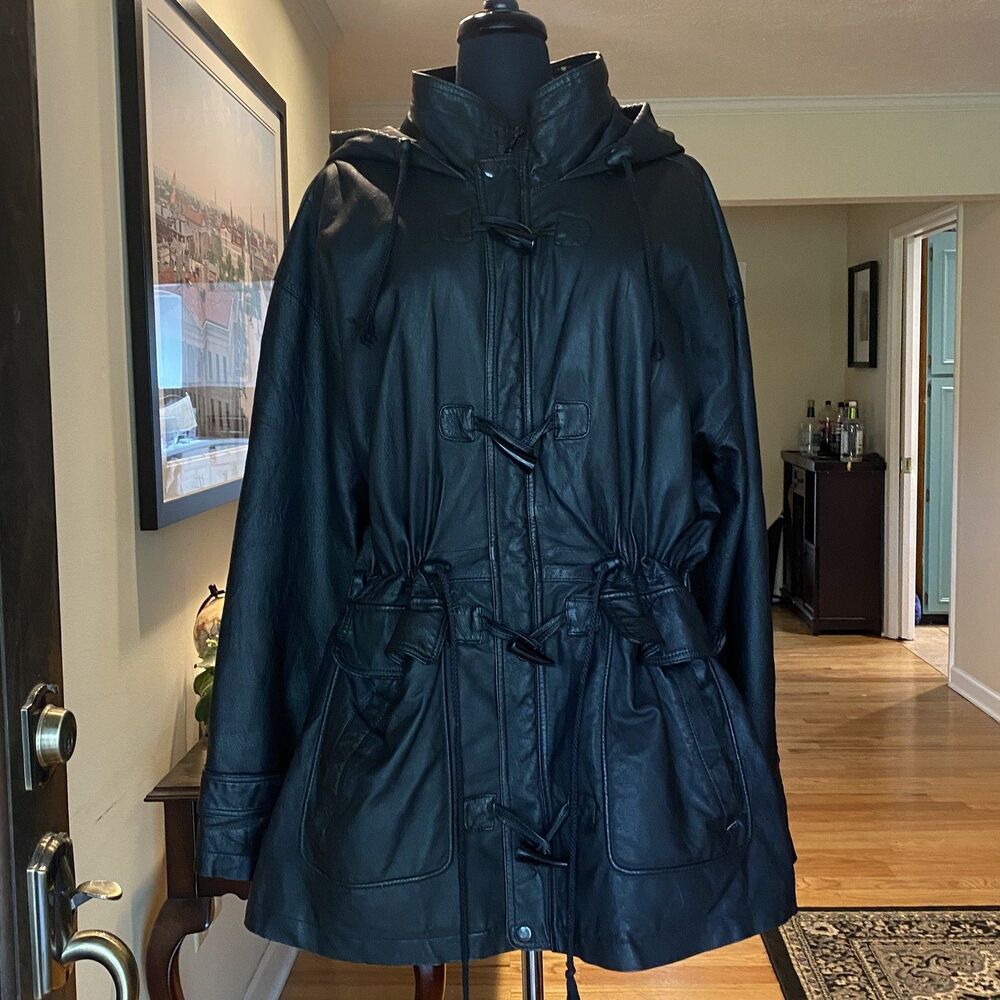 Vtg Wilsons UNISEX Black Hooded 100% Leather Jacket Toggle Parka